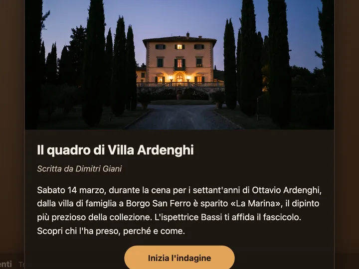 La prima pagina del Quadro di Villa Ardenghi: la villa di sera e che cosa è successo
